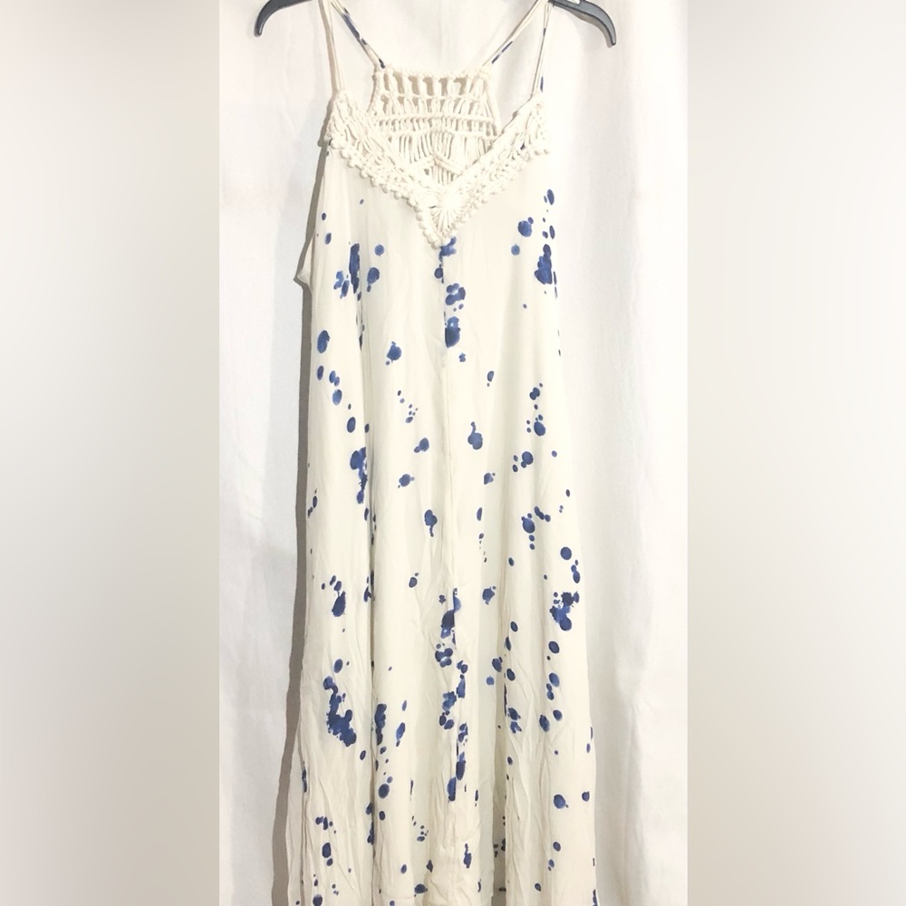Maeve Paint Splatter Maxi Dress Sz XL Macrame Crochet lined Belted Anthropologie